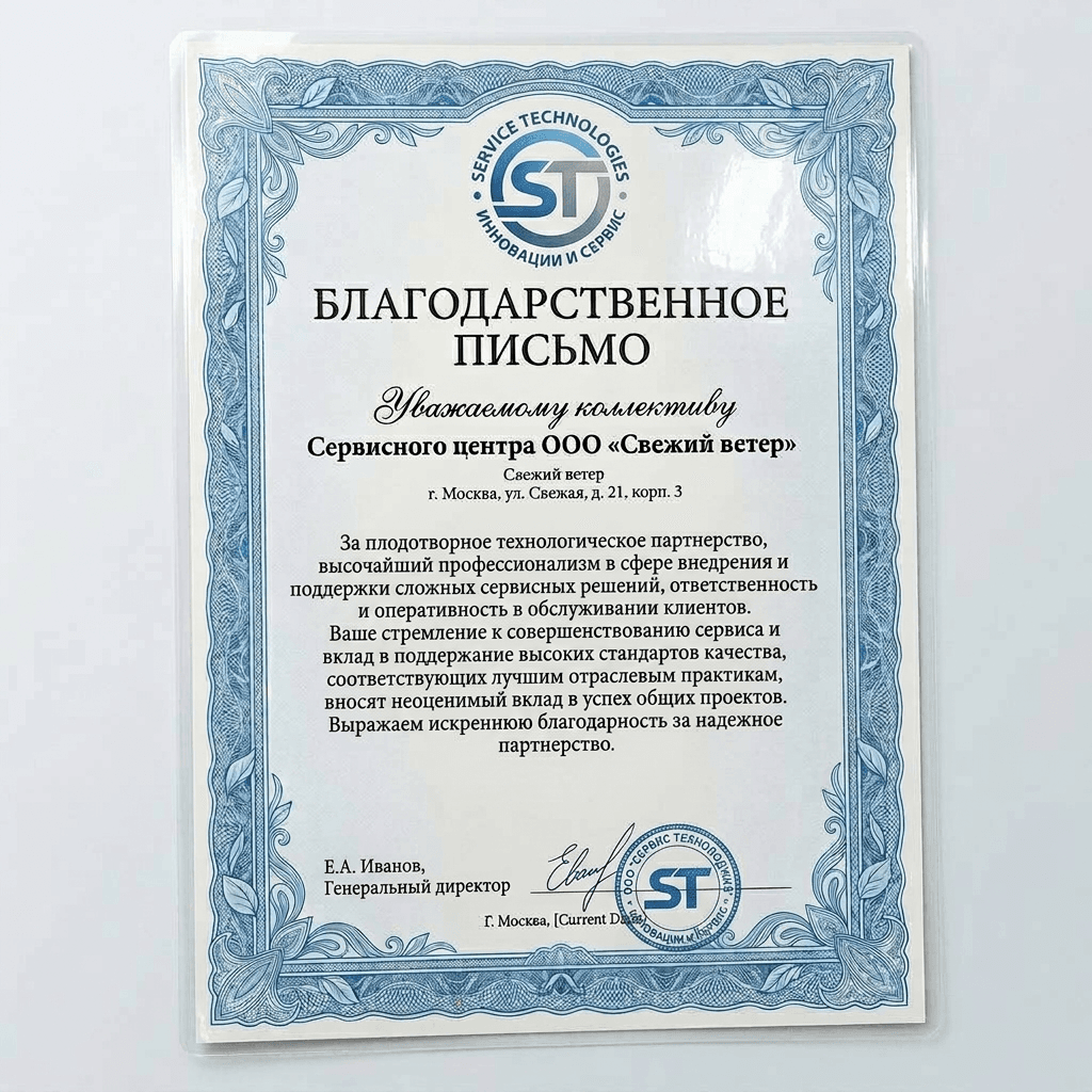 Благодарность от Zanussi Technologies